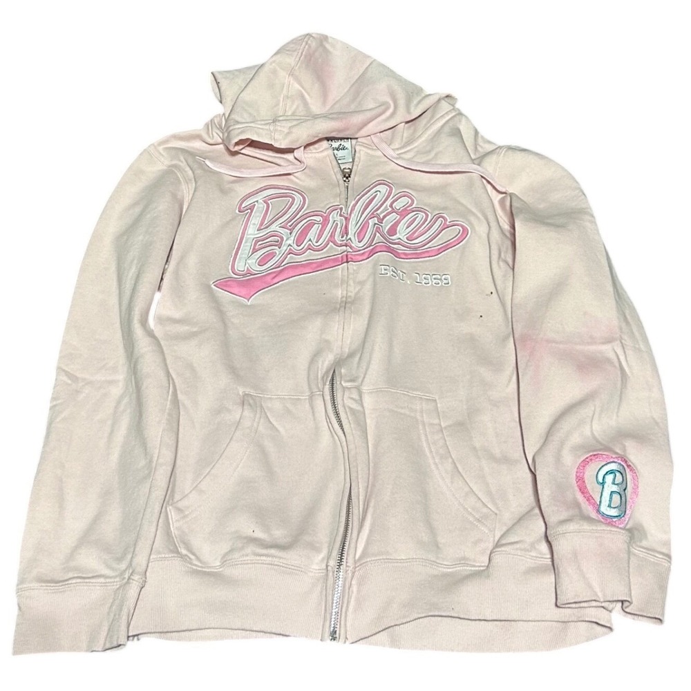 BoxLunch Barbie Est 1959 Pink Zip Up Hoodie Sweatshirt Large Mattel 2023 Logo